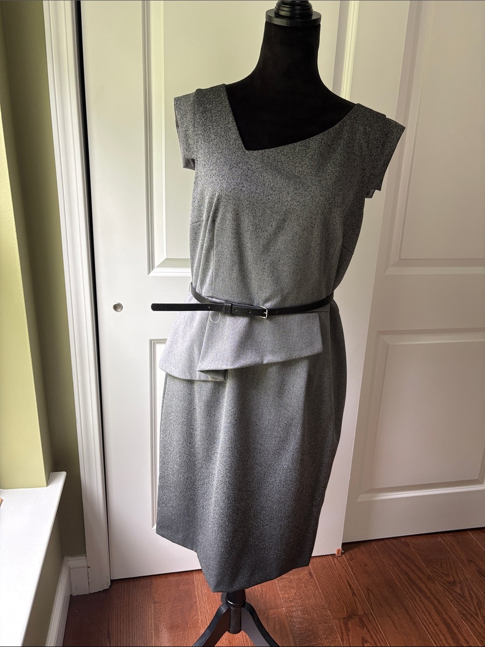 Tahari Silver-Grey Asymmetric Peplum Midi Dress
